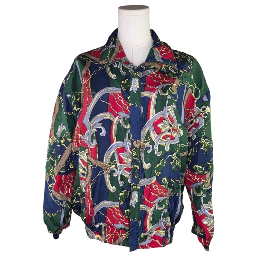 Fu Da Intl Vintage Silk Chain Print Bomber Jacket 90s Equestrian Scarf